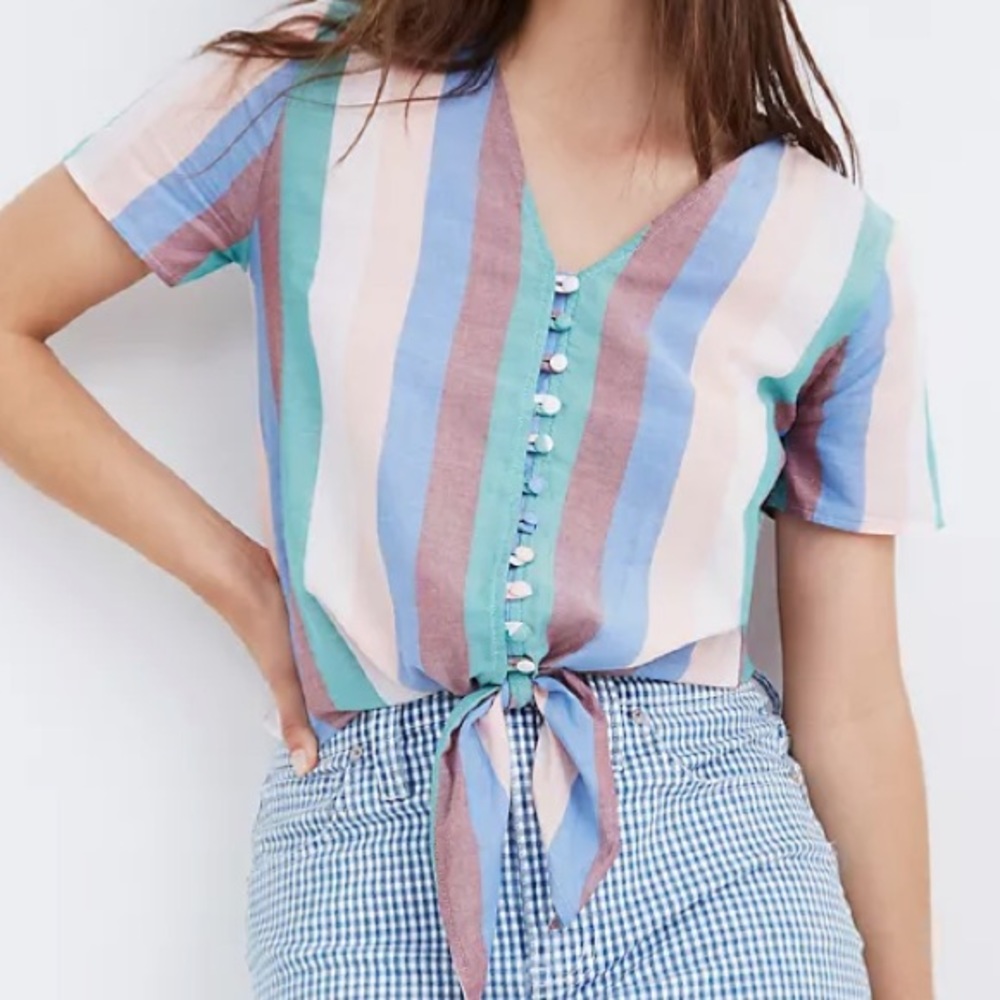 ‼️SOLD‼️Madewell Petite Novel Tie-Front Button Top in Flagstaff Stripe - Picture 1 of 9